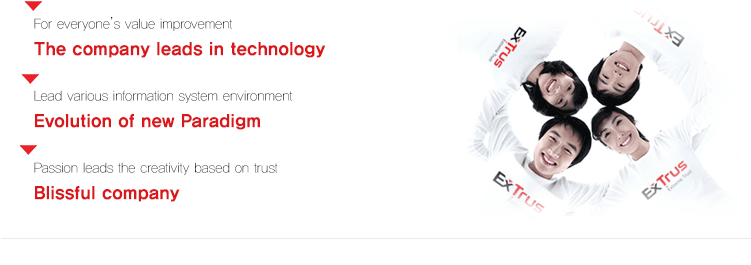 Trust by customer, trust between employees, and trust for shareholders
The company name ‘Extrus’ represents the company leads the creativity based on trust 